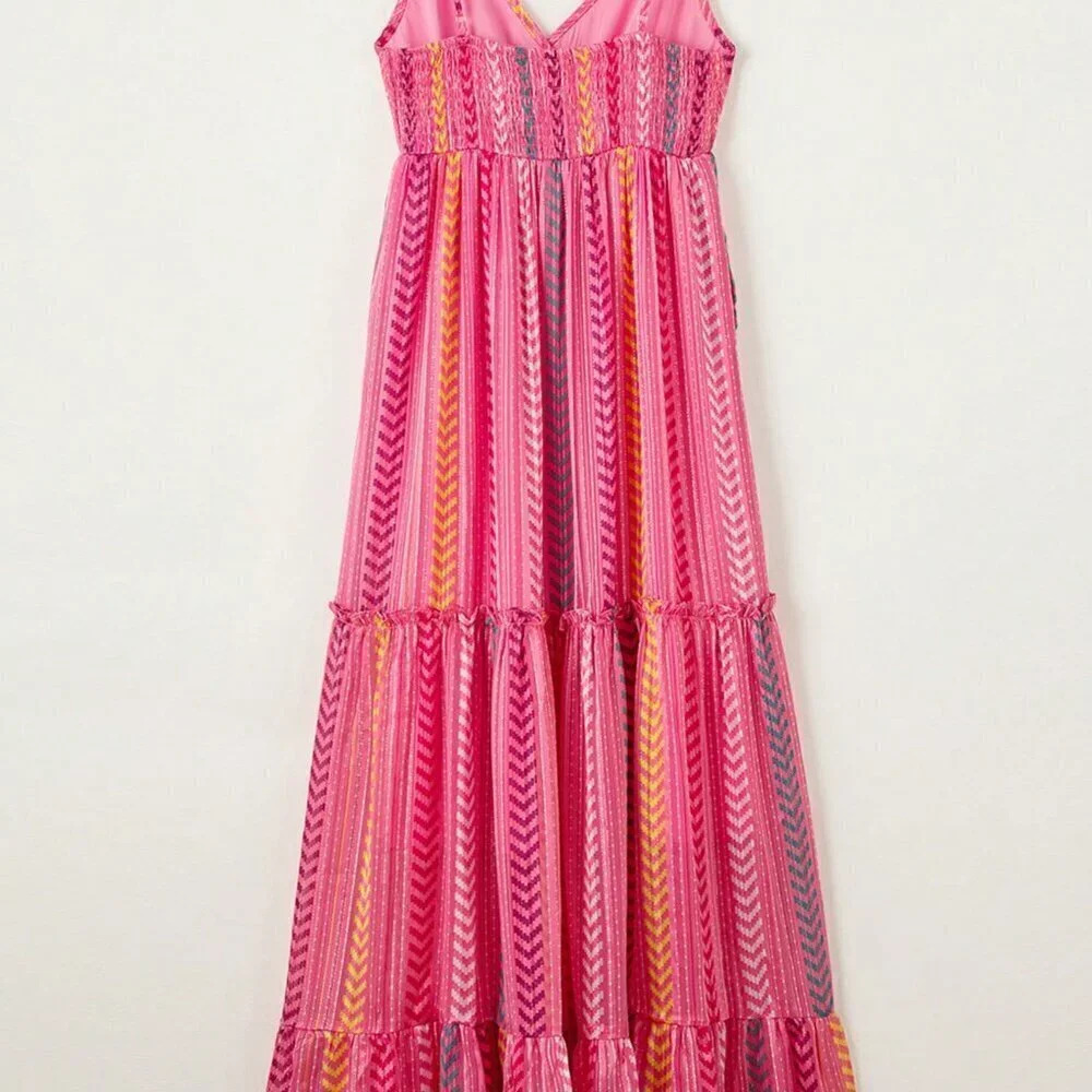 Hot Pink Boho Women's Western Geometric Tie Ruffle Halter Long Dress - Picture 7 of 8